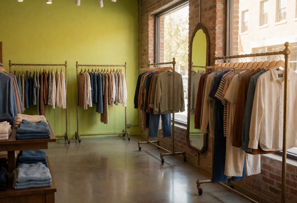 Intérieur d'une boutique de mode présentant des murs verts, un sol poli et des présentoirs en bois clair et sombre ornés de cintres en bronze.