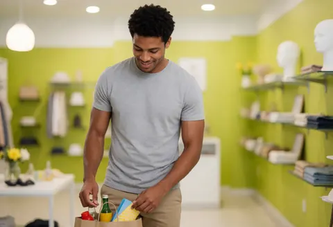 Un client masculin souriant tient un sac de papier dans une boutique de vêtements moderne avec des mannequins et des étagères en arrière-plan.