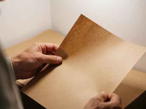 Une main adulte tient une feuille de papier kraft brun à la texture visible, dans un environnement professionnel avec une lumière chaude et un fond flou.