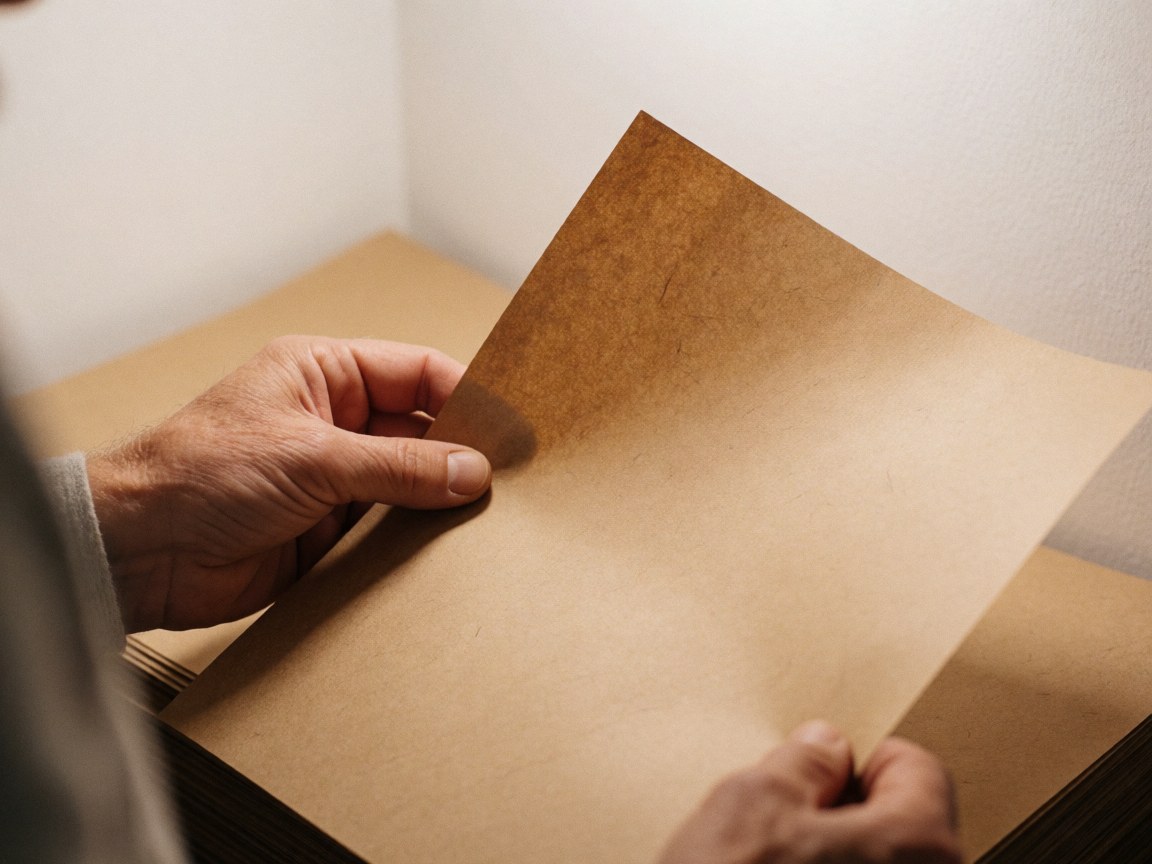 Une main adulte tient une feuille de papier kraft brun à la texture visible, dans un environnement professionnel avec une lumière chaude et un fond flou.