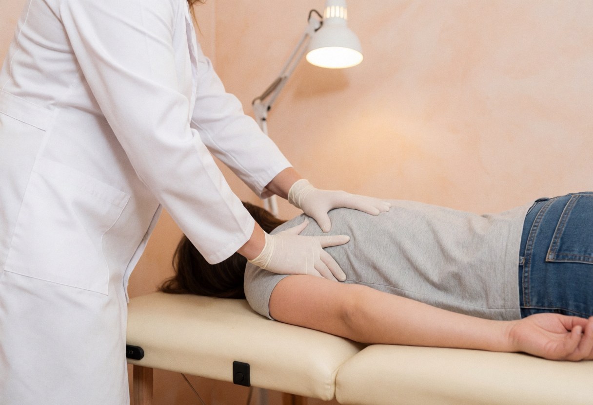 Un thérapeute professionnel en gants réalise une thérapie manuelle sur l'épaule d'un patient dans un cabinet aux murs de terre cuite et à la lumière chaude.