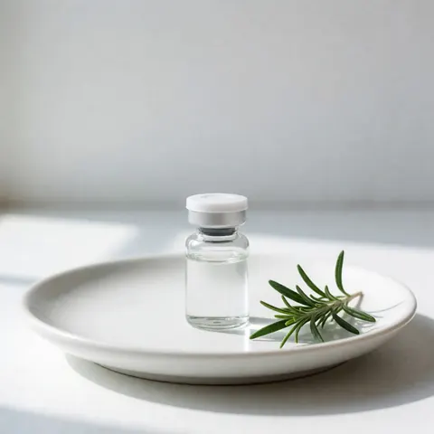 Flacon d'homéopathie posé sur une assiette blanche avec une branche de romarin frais, éclairé par la lumière naturelle sur un fond blanc flou.