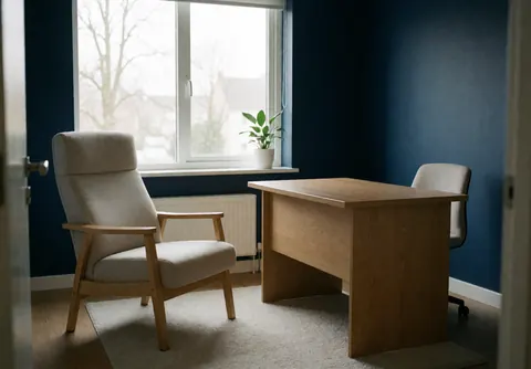 Salle de consultation équipée d'une chaise et d'un bureau, avec un mur bleu foncé, une lumière naturelle et une ambiance calme et sécurisante.