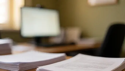 Un bureau en bois clair sur lequel sont posés des documents et une chaise, éclairage naturel dans un espace de travail professionnel.