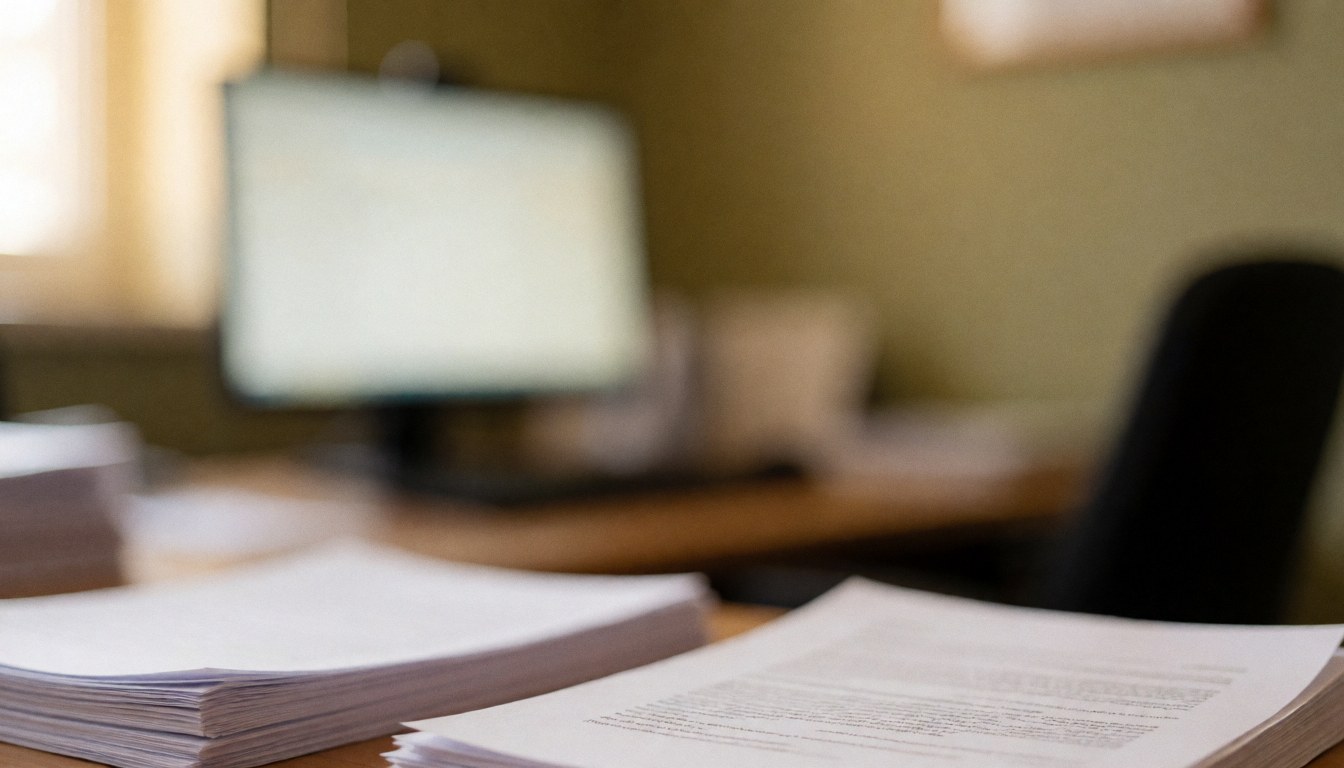 Un bureau en bois clair sur lequel sont posés des documents et une chaise, éclairage naturel dans un espace de travail professionnel.
