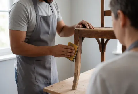 Un menuisier ponçant une chaise en bois dans un atelier, avec une personne observant depuis l'arrière-plan.