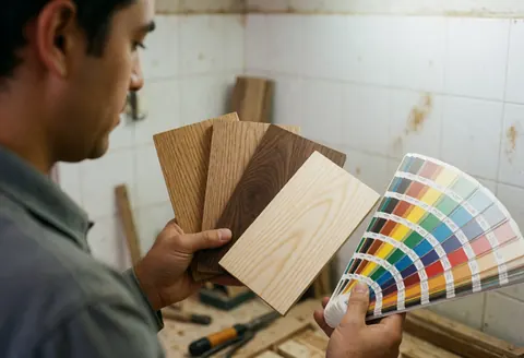 Un menuisier en atelier examine des échantillons de bois et des nuanciers de couleur, avec des murs carrelés et des outils visibles en arrière-plan.