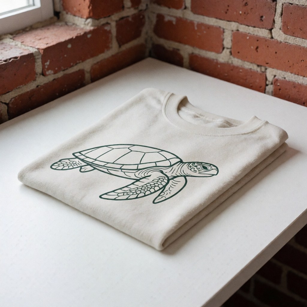 T-shirt blanc plié orné d'un dessin de tortue marine, posé sur une table blanche devant un mur de briques rouges éclairé par la lumière naturelle.