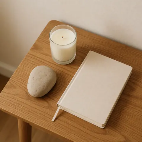 Kit de relaxation composé d'une pierre, d'une bougie et d'un carnet posés sur une table en bois, idéal pour la thérapie et le bien-être dans un environnement calme.