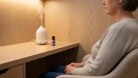 Chaise d'hypnothérapie équipée d'un diffuseur et d'huile essentielle de lavande sur une table en bois, créant une ambiance chaleureuse et relaxante.
