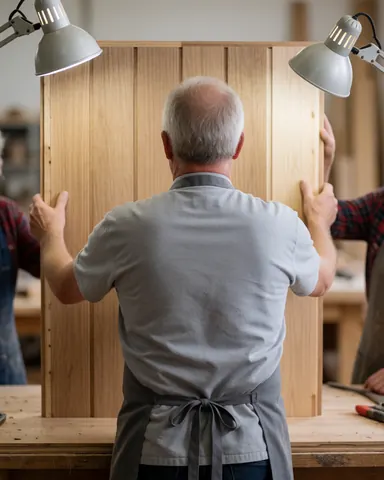Menuisier en tablier gris ajustant un panneau de bois dans un atelier éclairé par deux lampes de travail, entouré d'outils et de bois.