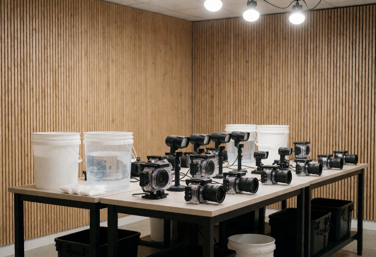 Espace de travail organisé pour photographes sous-marins, comprenant une table, une baignoire d'eau, un flash stroboscopique et du matériel photo professionnel sur fond neutre.
