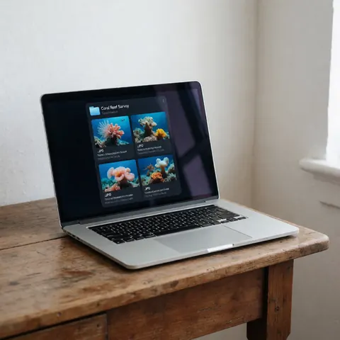 Un ordinateur portable posé sur une table en bois rustique montre des photos de récifs coralliens dans une pièce lumineuse aux murs blancs.