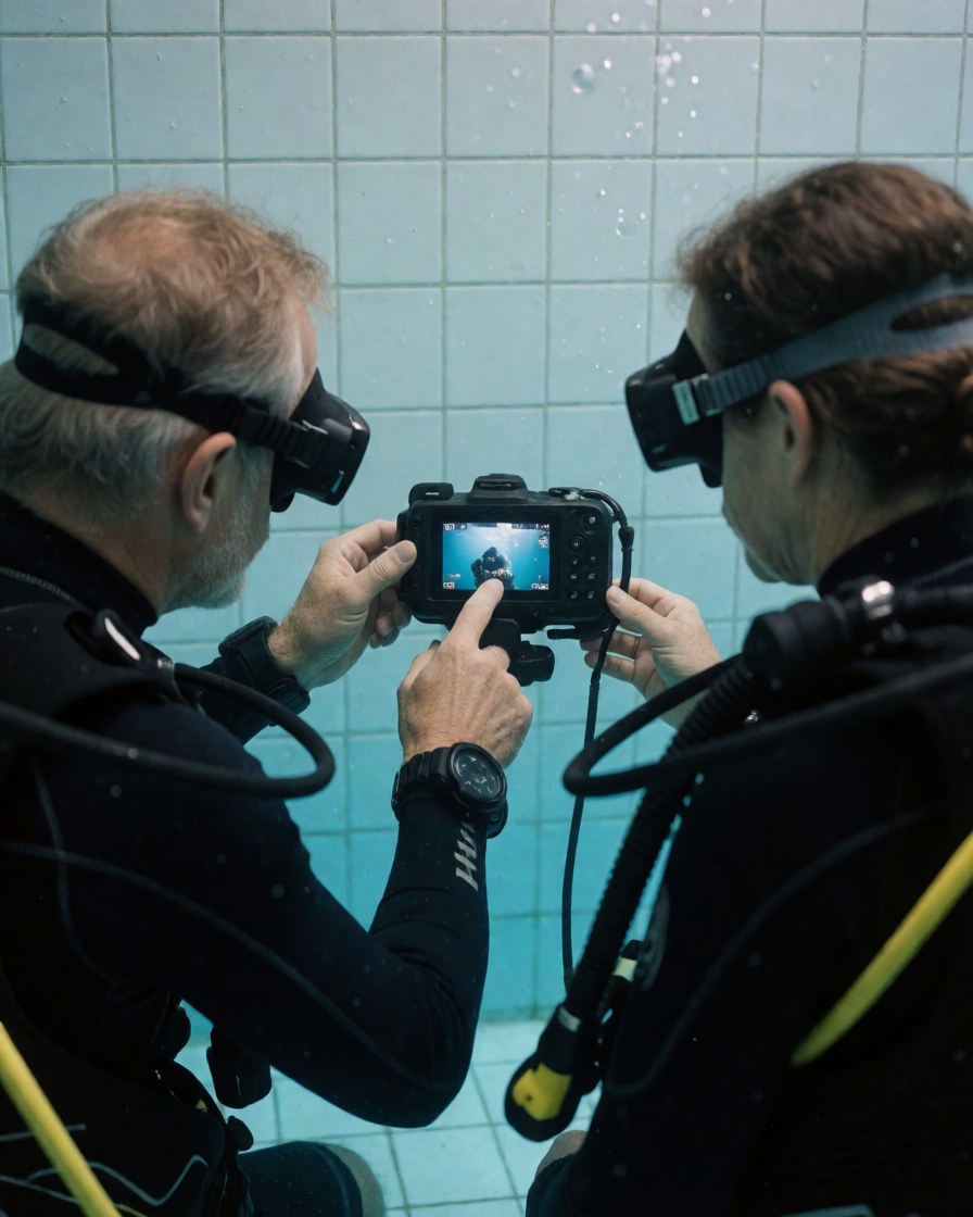 Deux plongeurs en piscine examinent l'affichage d'un appareil photo étanche tandis que l'instructeur indique un détail de l'image.