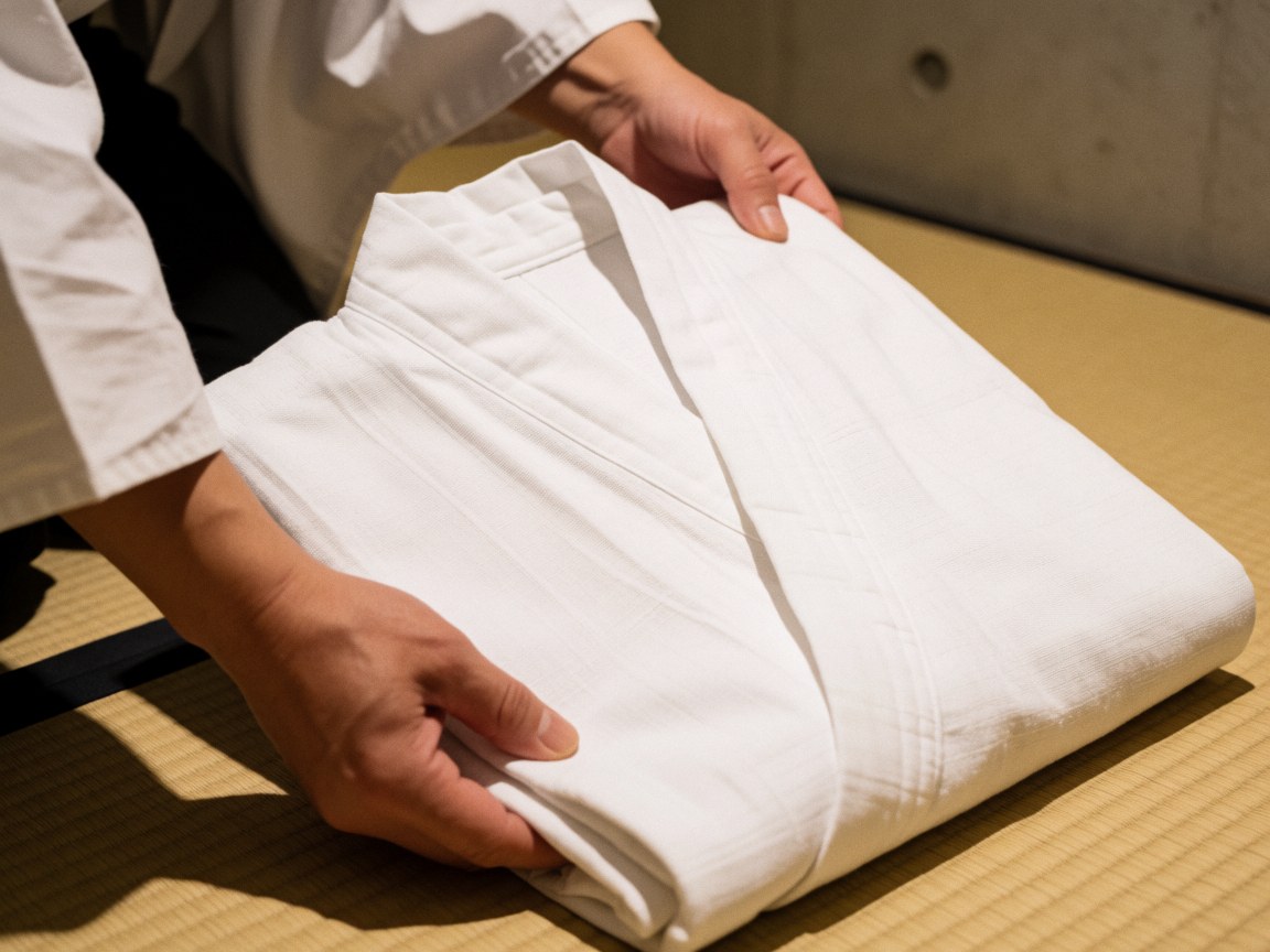 Un yukata blanc soigneusement plié posé sur une natte de tatami, évoquant calme et bien-être dans un cadre traditionnel japonais.