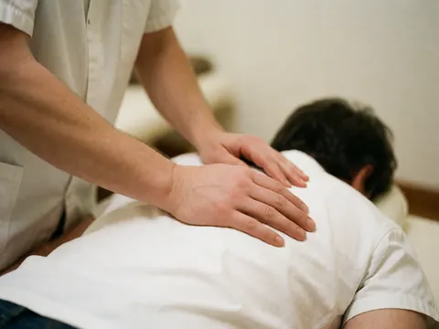 Praticien effectuant un massage shiatsu sur le dos d'un client, mains en contact avec la peau dans un cadre professionnel et relaxant.