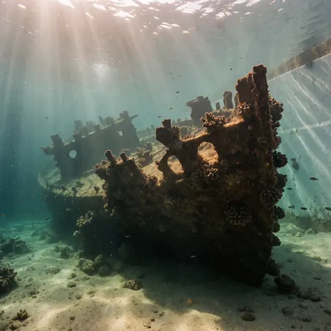 Vieille épave recouverte de coraux et d'éponges, baignée par la lumière du soleil filtrant l'eau, avec de petits poissons nageant sur le fond sableux.