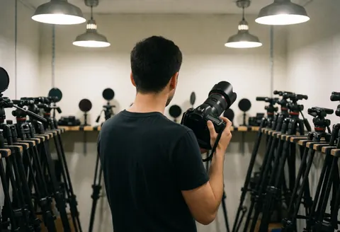 Un photographe professionnel examine attentivement son matériel photo pour s'assurer du bon fonctionnement de l'équipement avant une séance.