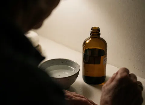 Bouteille en verre contenant de l'huile essentielle posée à côté d'une tasse remplie d'eau, évoquant une ambiance de relaxation et de bien-être.