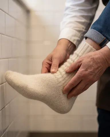Une main pose un chaussette épaisse en laine sur le pied d'une personne âgée dans un environnement chaleureux et confortable.