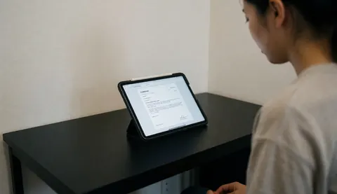 Vue de dos d'une personne tenant une tablette affichant une licence professionnelle sur un bureau noir minimaliste avec une caméra et des documents.
