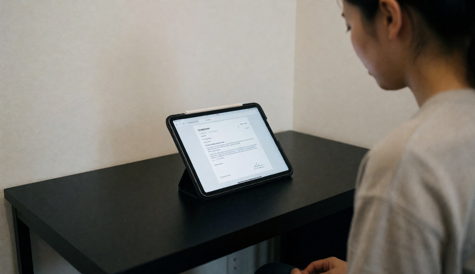 Vue de dos d'une personne tenant une tablette affichant une licence professionnelle sur un bureau noir minimaliste avec une caméra et des documents.