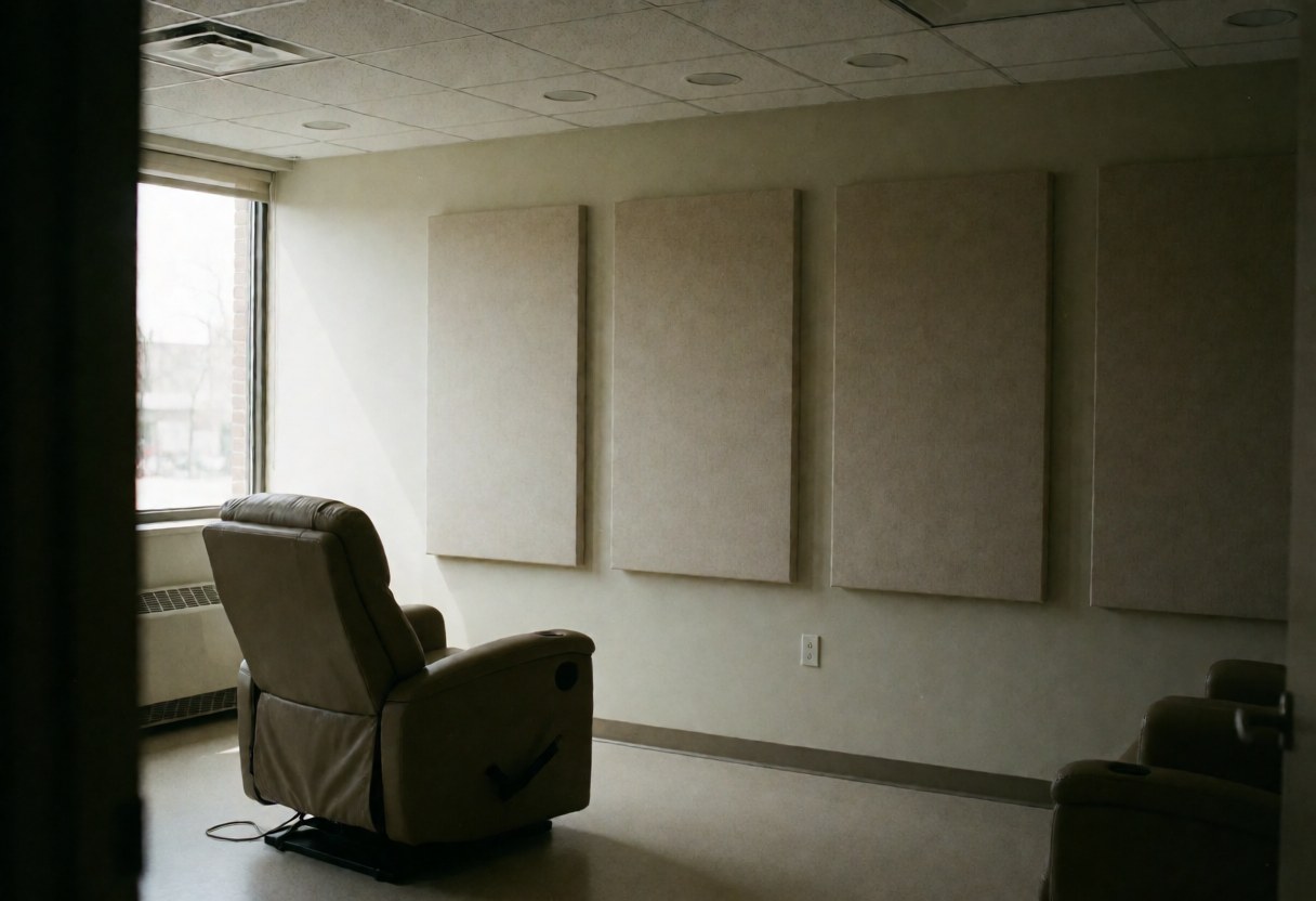 Intérieur d'une salle de thérapie calme équipée d'un fauteuil inclinable, de panneaux acoustiques aux murs et d'une fenêtre laissant entrer la lumière naturelle.