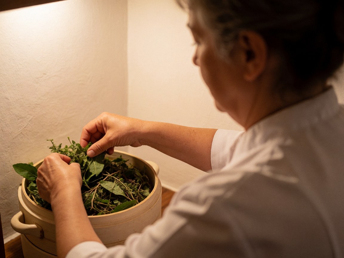 Des mains déposent des herbes fraîches dans un récipient en céramique sur une table, éclairage chaleureux et ambiance relaxante.