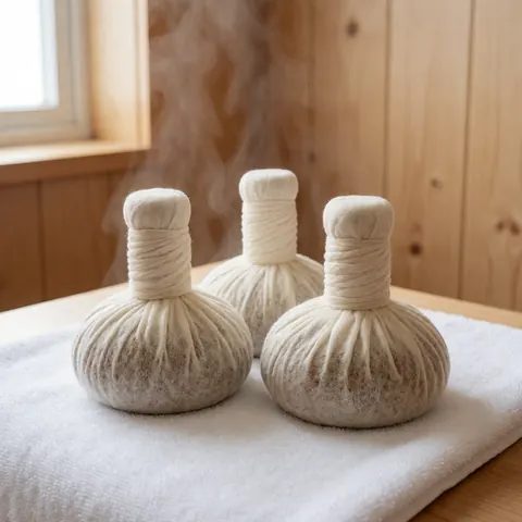 Trois bols d'herbes émettant de la vapeur posés sur une serviette blanche, devant un mur en bois clair. Scène réaliste et propre pour le massage ayurvédique.