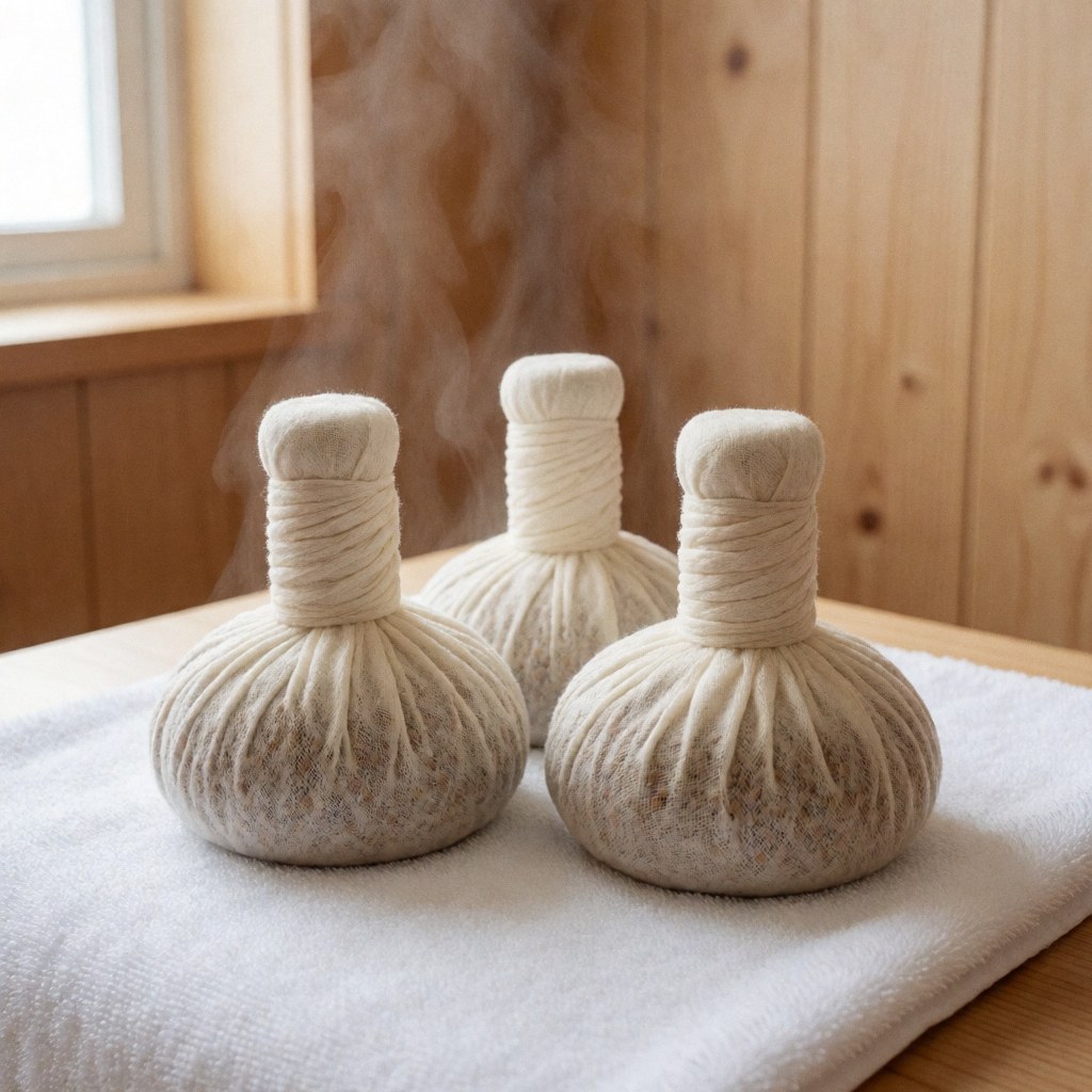 Trois bols d'herbes émettant de la vapeur posés sur une serviette blanche, devant un mur en bois clair. Scène réaliste et propre pour le massage ayurvédique.