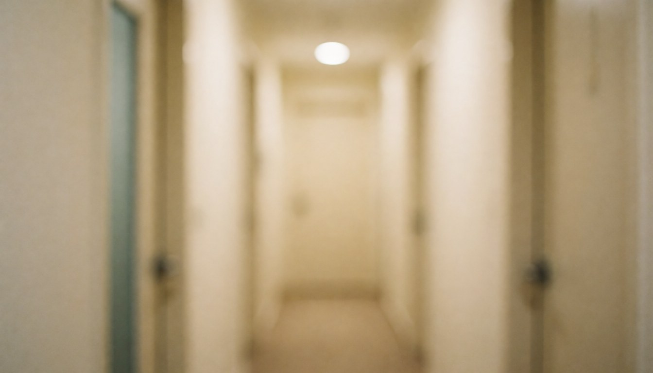 Couloir de clinique avec portes et lumière chaude, fond doux, idéal pour texte. Ambiance calmante et professionnelle pour services de santé mentale.