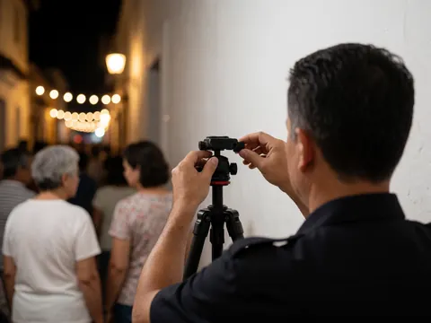 Un photographe ajuste son trépied sur une rue coloniale la nuit, avec des lumières en arrière-plan et un mur blanc, mains et équipement nets, ambiance professionnelle.