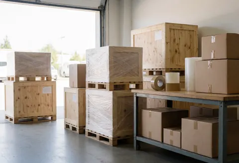 Espace de travail organisé avec des palettes, des cartons et du matériel d'emballage pour la logistique.