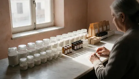 Un comptoir propre en marbre avec des bouteilles homéopathiques, des pots et du papier kraft près d'une fenêtre.