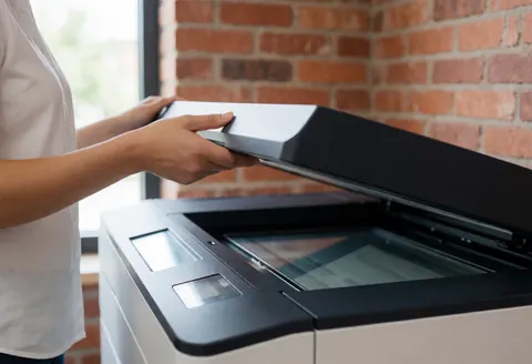 Vue rapprochée d'une main fermant le capot noir d'un scanner moderne dans un bureau lumineux, illustrant la numérisation de documents.
