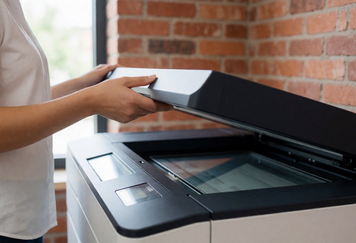 Vue rapprochée d'une main fermant le capot noir d'un scanner moderne dans un bureau lumineux, illustrant la numérisation de documents.