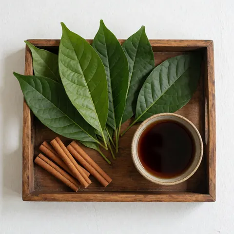 Plateau en bois contenant des feuilles vertes, de la cannelle et une tasse d'infusion pour le massage ayurvédique et le bien-être naturel.