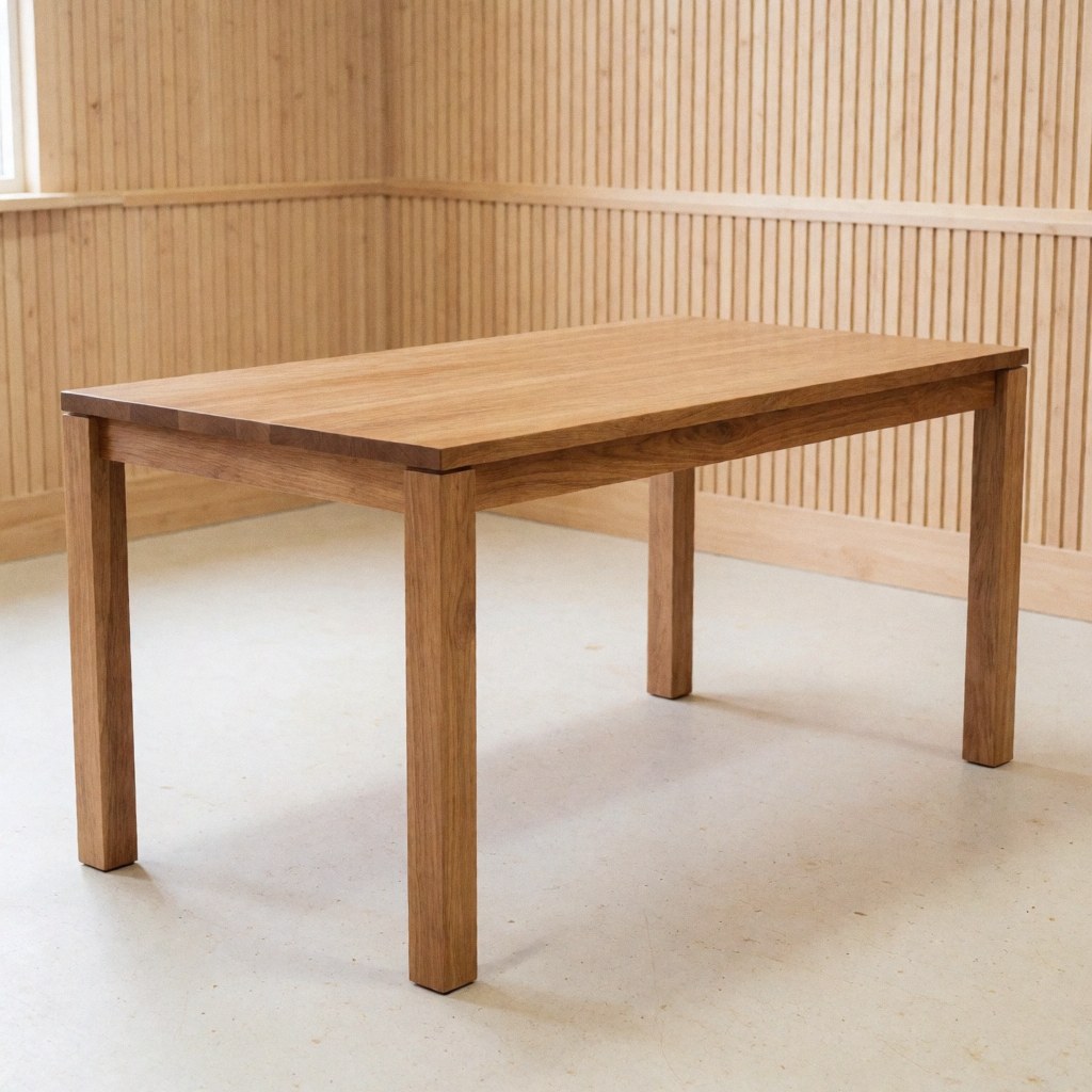 Table en bois massif avec finition soignée, vue de dessus sur fond blanc, mettant en valeur le grain naturel du bois et la qualité du travail de menuiserie.