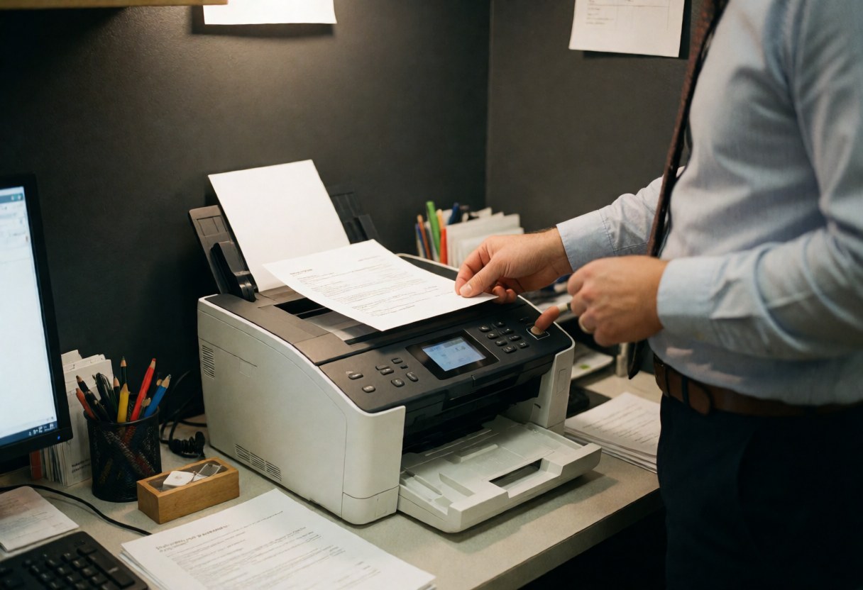 Un homme utilise une machine à fax sur un bureau pour envoyer un document.