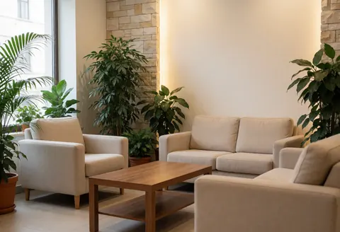 Salle d'attente moderne avec canapés beige, table basse en bois et plantes vertes. Murs à texture pierre et lumière chaude.