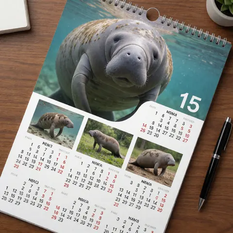 Un calendrier mural montrant un lamantin, symbole des espèces menacées, posé sur une table de travail en bois avec un stylo.