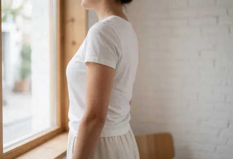 Une personne de profil étire son cou près d'une fenêtre dans un intérieur minimaliste avec un mur de briques blanches et une lumière naturelle, vêtue de blanc, montrant relaxation et bien-être.