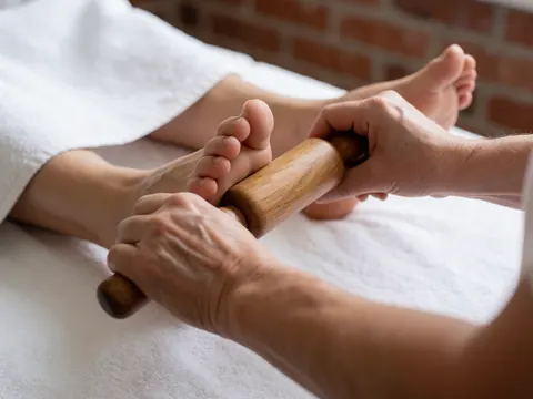 Mains d'un thérapeute utilisant un rouleau en bois pour un massage ayurvédique des pieds, sur fond de mur brique rouge et serviette blanche.