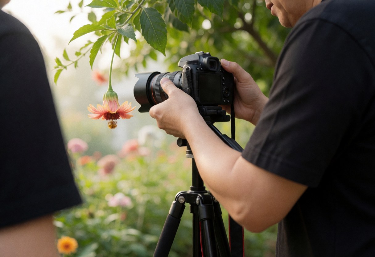 Un photographe professionnel ajuste sa caméra montée sur un trépied pour réaliser une macrophotographie de fleur en extérieur avec une lumière naturelle et un arrière-plan flou.