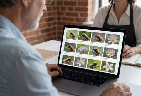Un photographe macro examine son portfolio d'insectes et de fleurs sur un ordinateur portable dans un bureau avec un mur en briques.