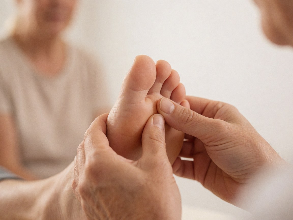 Mains d'un praticien shiatsu appliquant une pression sur l'arche du pied nu, mettant en valeur la texture de la peau dans un cadre professionnel et apaisant.