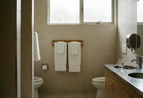 Salle de bain d'hypnothérapie avec serviettes blanches, eau et lumière naturelle, ambiance propre et calme pour le patient.