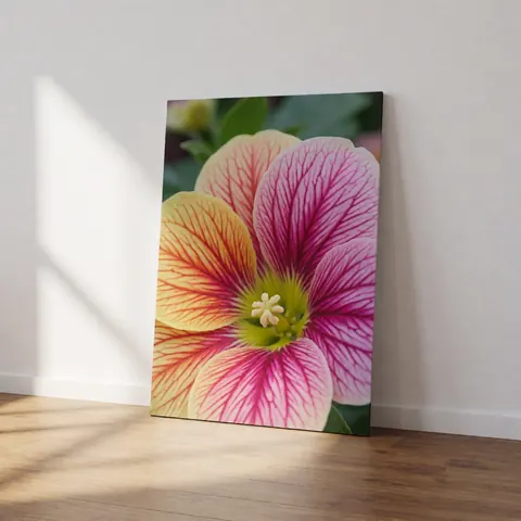 Gros plan détaillé d'une fleur posée sur une surface texturée imitant le papier ou le bois, éclairée par la lumière naturelle créant des ombres douces.