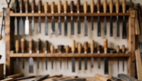 Fond d'atelier de menuiserie montrant des outils suspendus sur des étagères en bois, idéal pour les textes et projets liés aux meubles.