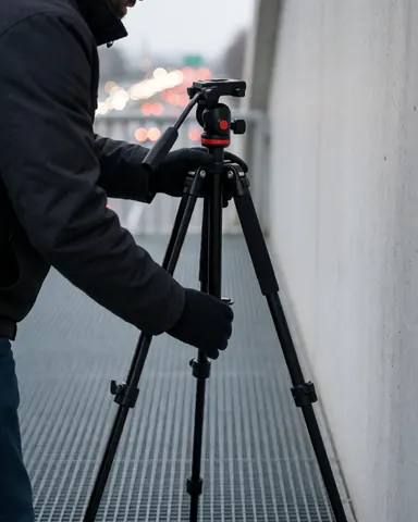 Un photographe professionnel configure son matériel photographique sur un pont urbain en béton pendant la nuit, avec les lumières de la ville en arrière-plan.